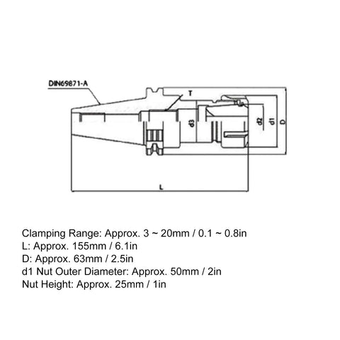 Technical diagram of High Precision CNC Milling Tool Holder SK40 ER32 for 100 Lathe Mill, 155mm length, with dimensions