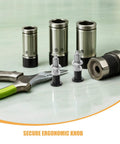 Top Shelf M6 Stainless Steel Spring Loaded Indexing Plunger With 4Mm Retractable Pin Non Locking Ergonomic Knurled Grip Heavy Duty Industrial Shop Tools Two Piece Set displayed with pliers and other tools.