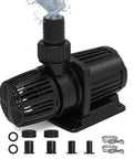Beefy 1587 GPH Submersible Pond Pump With 55W Motor Delivers Strong Flow For Koi Ponds Fountains Waterfalls Aquariums And Hydroponics Ultra Quiet Operation Sixteen Point Five Foot Lift Includes 3 Nozzles Long Power Cord shown with nozzles and clamps