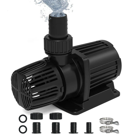 Beefy 1587 GPH Submersible Pond Pump With 55W Motor Delivers Strong Flow For Koi Ponds Fountains Waterfalls Aquariums And Hydroponics Ultra Quiet Operation Sixteen Point Five Foot Lift Includes 3 Nozzles Long Power Cord shown with nozzles and clamps
