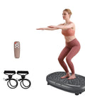 Woman exercising on FitMaxx 3D XL Vibration Plate Exercise Machine For A Full Body Workout with loop bands and remote control