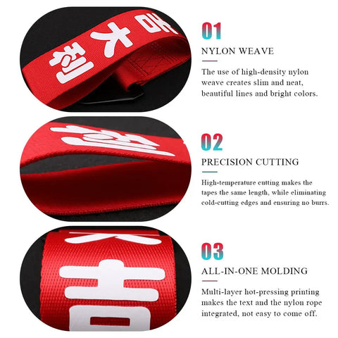 Close-up of Badass JDM Tow Strap Rock Solid Recovery Rope Slick Red Auto Racing with bold Chinese decal showing nylon weave texture.