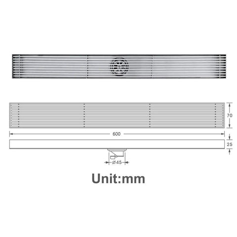 Top Shelf 304 Stainless Steel Linear Shower Drain With Built In Odor Guard And Slick Chrome Trim For Fresh Showers And Laundry Zones Quick Drop In Assembly Grip Tight Grate Level Surface Layout 60Cm Long dimensions illustration