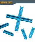 Two 24 Inch Universal T Track Pieces With Intersection Kit for woodworking jigs shown in blue with predrilled holes.