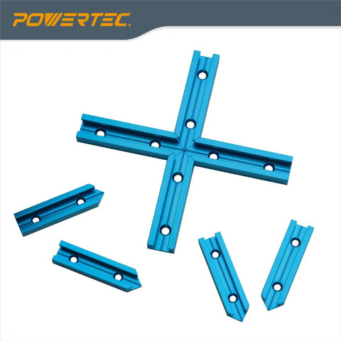 Two 24 Inch Universal T Track Pieces With Intersection Kit for woodworking jigs shown in blue with predrilled holes.