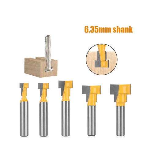 Premium 5 Piece Keyhole Router Bit Set With Hardened Carbide Cutters for clean screw slot cuts, showing 6.35mm shank bits and wooden block.