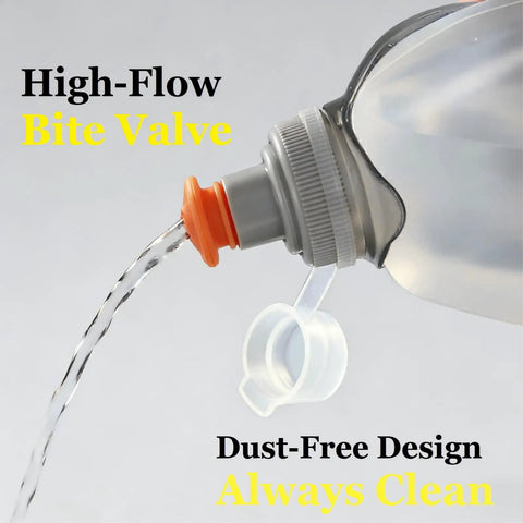 Close-up of 8.8oz running water bottle with removable clip showing high-flow bite valve and dust-free design for runners.