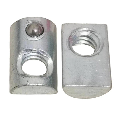 1/4-20 Steel T-Nut With Ball Spring For Aluminum Extrusion Rails, Fits 1010 Series And 1.0 Inch Base Profiles, zinc finish, close-up view