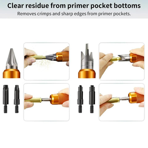 Ludex orange case-prep multi-tool with reamer and chamfer bits for calibers .17–.45 cal cases.