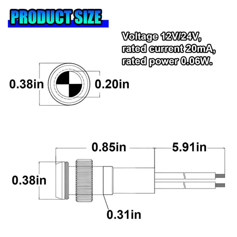 8mm Panel Mount Red LED Indicator Light for 12V 24V Vehicles Low Power Dash Signal Lamp With 8mm Mount Hole and About Five Point Six Six Inch Wires Easy Install for Cars Trucks RVs Boats. product size diagram