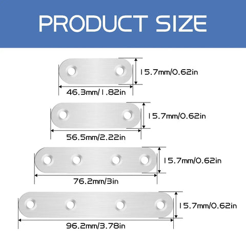 Tough As Nails 304 Stainless Steel Flat Mending Plates 108 Piece Kit size chart showing four different plate dimensions and holes.