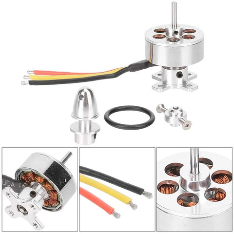 RC Brushless Motor 1700KV for Fixed Wing Planes with metal body and wires, components shown for KT board foam planes.