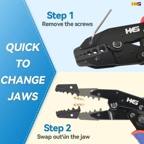 Steps to change jaws on Coaxial Cable Crimping Tool Kit With Five Interchangeable Dies, rotary coaxial stripper and cutter