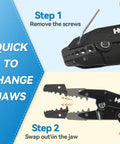 Close-up of Coax Ratchet Crimping Tool Set With 5 Interchangeable Dies, showing jaw change process for precise crimps.
