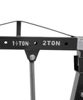 Tough As Nails Folding Engine Hoist With Hydraulic Motor Crane Lift showing weight ratings up to 2 tons and strong carbon steel construction.