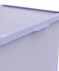 Purple 18 Gallon Plastic Storage Bin With Snug Snap Lid, Hella Spacious Stackable Tote For Seasonal Threads, Holiday Gear, And Dorm Room Stashing, Quick Wipe Down Space Saving Crate close-up on lid and edge.