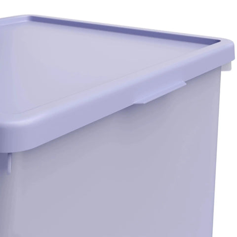 Purple 18 Gallon Plastic Storage Bin With Snug Snap Lid, Hella Spacious Stackable Tote For Seasonal Threads, Holiday Gear, And Dorm Room Stashing, Quick Wipe Down Space Saving Crate close-up on lid and edge.