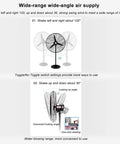 Wide-angle air supply diagram showing Heavy Duty Industrial Wall Fan With Remote Control And 3 Speeds delivering massive airflow.
