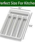 Five Compartment Kitchen Drawer Organizer White Plastic Silverware Tray Holds Flatware And Utensils Neatly Keeps Drawers Clutter Free With Zero Hassle Super Heavy Duty Non Slip Base For Home Cooks Total Game Changer, dimensions shown.