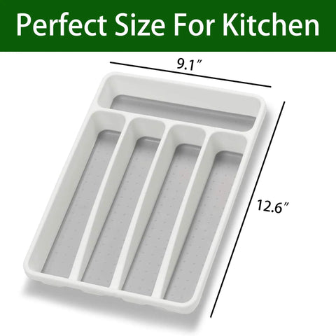 Five Compartment Kitchen Drawer Organizer White Plastic Silverware Tray Holds Flatware And Utensils Neatly Keeps Drawers Clutter Free With Zero Hassle Super Heavy Duty Non Slip Base For Home Cooks Total Game Changer, dimensions shown.