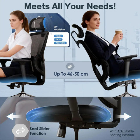 Heavy Duty Ergonomic Mesh Office Chair For Tall Folks With 4D Armrests 2D Headrest 135 Degree Recline Locking Swivel Seat