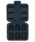 Half Inch Drive Shallow Stubby Torx Star Bit Socket Set T55 Through T100, 6 Piece, for Half Inch Drive Ratchets, displayed in case.