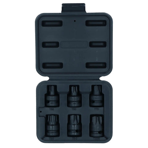 Half Inch Drive Shallow Stubby Torx Star Bit Socket Set T55 Through T100, 6 Piece, for Half Inch Drive Ratchets, displayed in case.