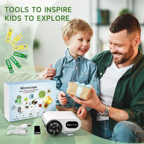 3 In 1 Handheld Microscope With 2 Inch LCD Screen 1000X Zoom For Kids Ages 8 To 12 Portable Mini Scope With LED Light Includes 32GB Card And 5 Sample Slides Awesome Halloween Christmas Birthday Gift, gift box and accessories shown