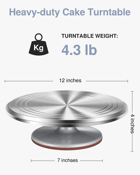 Front view of Puroma 12-inch aluminium alloy rotating cake turntable with non-slip silicone bottom