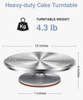 Heavy Duty Pro Grade 12 Inch Cake Turntable With Aluminum Alloy Stand for Smooth Quiet Rotation, side view with dimensions