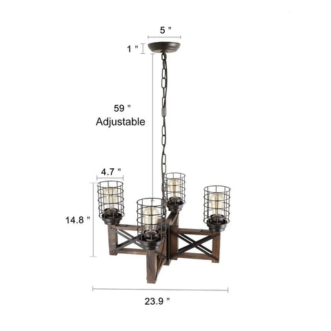 Wood Farmhouse Cage Chandelier Four Light Pendant For Kitchen Island Industrial Chic Dining Table Vintage Edison Ceiling Light Brown And Black Rustic Fixture dimensions