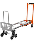 Beefy 4 In 1 Stair Climbing Hand Truck 1000 Lb Capacity Aluminum Foldable Dolly Utility Cart Heavy Duty Convertible With Upright Stair Climber 45 Degree Tilt Platform Cart And U Shaped Extension Solid Rubber Tri Wheels, orange and gray