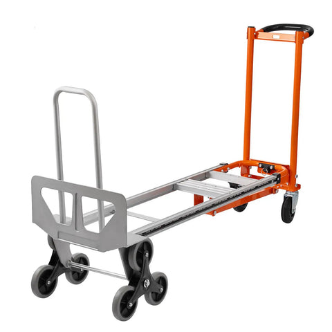 Beefy 4 In 1 Stair Climbing Hand Truck 1000 Lb Capacity Aluminum Foldable Dolly Utility Cart Heavy Duty Convertible With Upright Stair Climber 45 Degree Tilt Platform Cart And U Shaped Extension Solid Rubber Tri Wheels, orange and gray