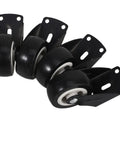 4 Pack Heavy Duty Side Mount Caster Set Built Tough Silent Glide Sliding Door Hardware For Barn Doors Wardrobes Cabinet Plant Stand Trolley Replacement Rail Roller Kit, black plastic casters with metal mounts.