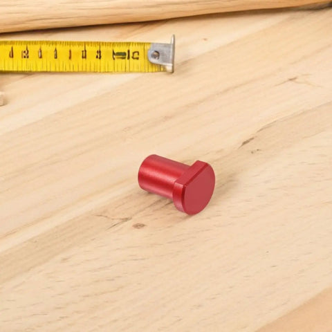 Low Profile Aluminum Bench Dogs Set For Woodworking 6 Pack with desktop tenon and ruler on wooden surface