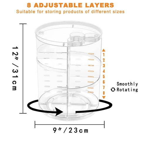 Clear Acrylic Rotating Makeup Organizer With Eight Adjustable Trays And A Smooth 360 Spin Base To Keep Your Daily Skincare Stash Neat As Pin On Any Vanity Or Bathroom Countertop Setup, measuring 9" by 12".