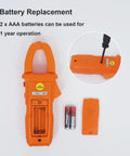 Auto Ranging Clamp Meter For Electricians showing battery compartment and AAA batteries for easy replacement.