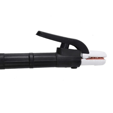 Heavy Duty Welding Clamp Electrode Holder With 10 Foot Cable Designed For Stick Welding Jobs Features Cool Grip Insulation and secure grooved jaws.