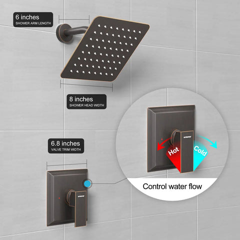 Shower Faucet Set With 8 Inch Rainfall Showerhead And Trim Kit Oil Rubbed Bronze Finish Includes 3 Way Valve For Full Control Easy Install Bathroom Shower System For Legit Spa Vibe Showers, showing dimensions and water flow control.