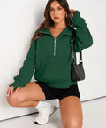 Womens Half Zip Cropped Fleece Pullover Hoodie Sweatshirt In Dark Green, Cozy Warm Layering Top With Thick Cotton Polyester Blend