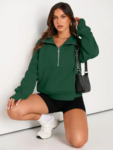 Womens Half Zip Cropped Fleece Pullover Hoodie Sweatshirt In Dark Green, Cozy Warm Layering Top With Thick Cotton Polyester Blend