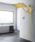 Brushed Gold 12 Inch Square Shower Head Kit With 3 Way Diverter Holder Extension Arm And Hose All Metal 304 Stainless Steel