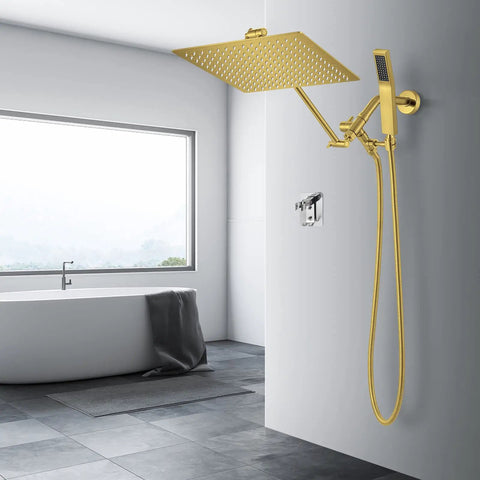 Brushed Gold 12 Inch Square Shower Head Kit With 3 Way Diverter Holder Extension Arm And Hose All Metal 304 Stainless Steel