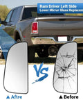 Dodge Ram Left Side Lower Mirror Glass Replacement For 2010 To 2020 Ram 1500 2500 3500 4500 5500 Towing Mirrors Convex Glass With Rear Mounting Bracket Direct Fit No Drama OE 68067731AA, showing new and broken mirror comparison with truck background.