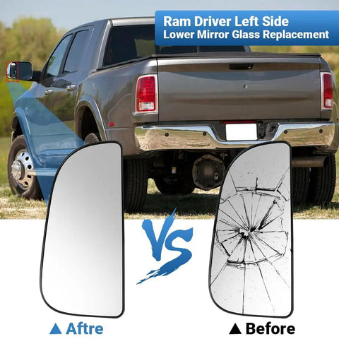 Dodge Ram Left Side Lower Mirror Glass Replacement For 2010 To 2020 Ram 1500 2500 3500 4500 5500 Towing Mirrors Convex Glass With Rear Mounting Bracket Direct Fit No Drama OE 68067731AA, showing new and broken mirror comparison with truck background.