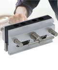 Heavy Duty Auto Centering Dowel Jig Kit For Zero Hassle Furniture Assembly Adjustable Metric Drilling Guide showing the jig's precision setup.