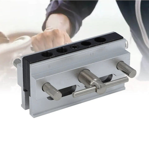 Heavy Duty Auto Centering Dowel Jig Kit For Zero Hassle Furniture Assembly Adjustable Metric Drilling Guide showing the jig's precision setup.
