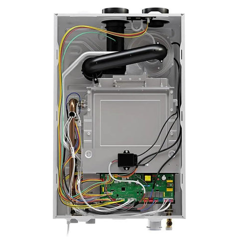 Interior view of Top Shelf Natural Gas Tankless Water Heater delivering 199K BTU output with compact design and metal coils
