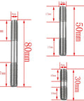 Heavy Duty 18 Piece Stainless Steel Double End Studs And Nuts Set Featuring M8 X30 X50 X70mm Sizes showing 30mm, 50mm, and 80mm stud bolts with dimensions.