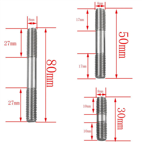 Heavy Duty 18 Piece Stainless Steel Double End Studs And Nuts Set Featuring M8 X30 X50 X70mm Sizes showing 30mm, 50mm, and 80mm stud bolts with dimensions.
